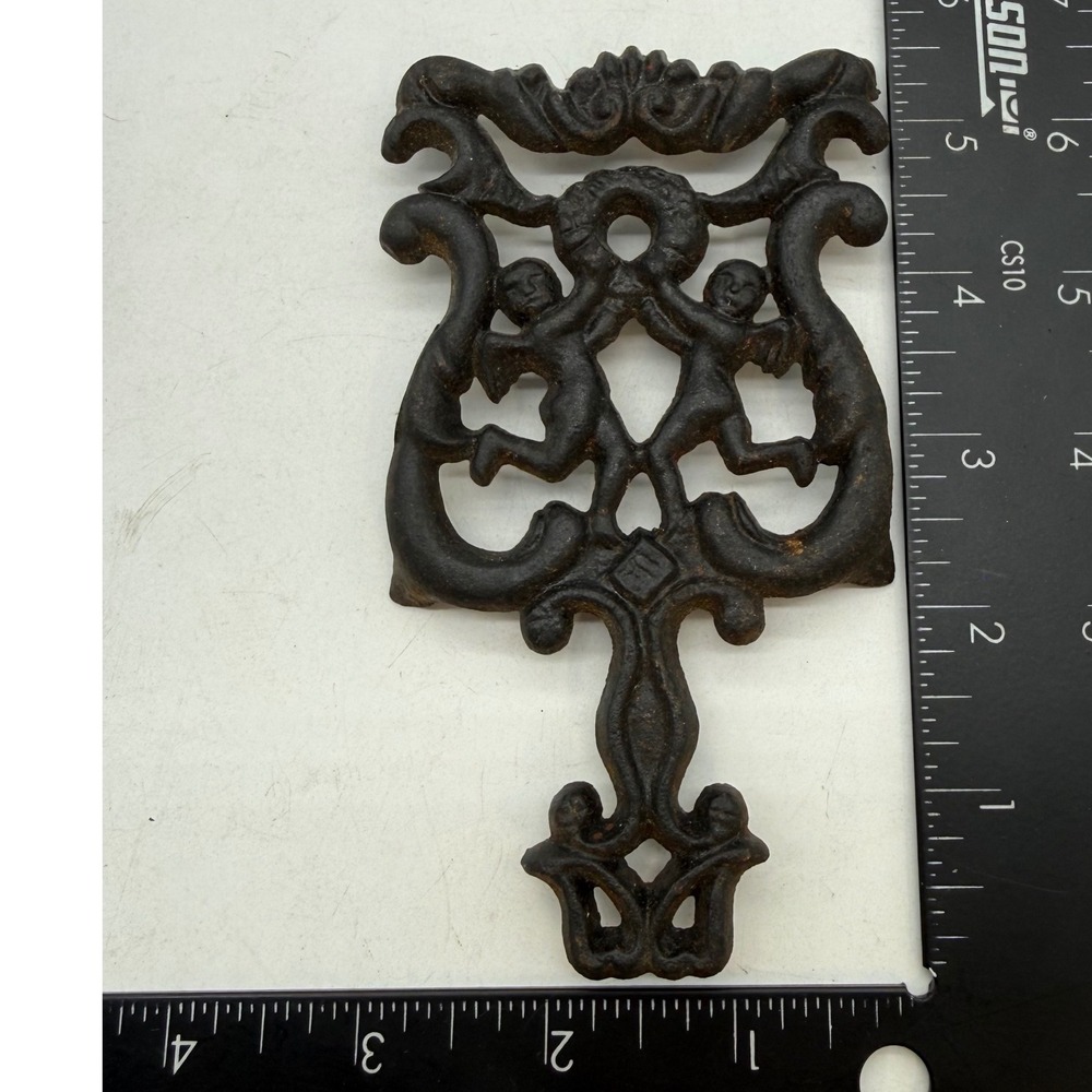 Vintage Wilton‎ Cast Iron Trivet Lyre Harp Scrollwork Black Rustic Antique
